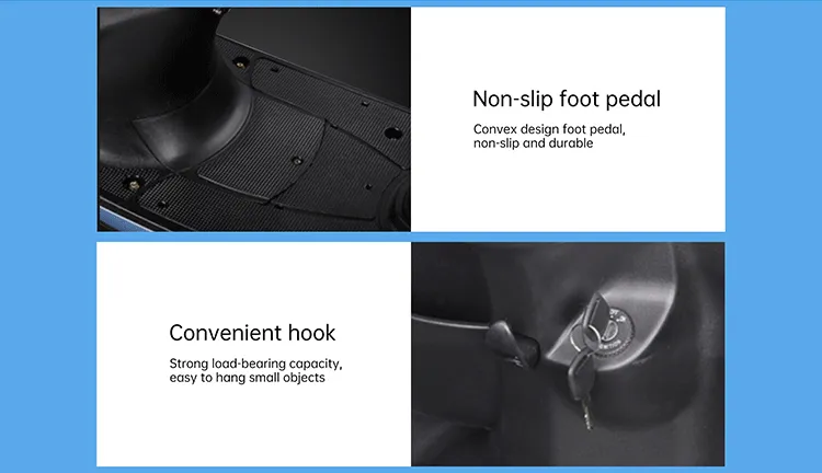 Close up of the non-slip foot pedal and storage hook