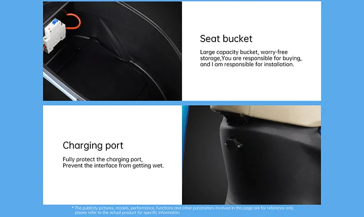 Details showing the seat storage and protected charging port