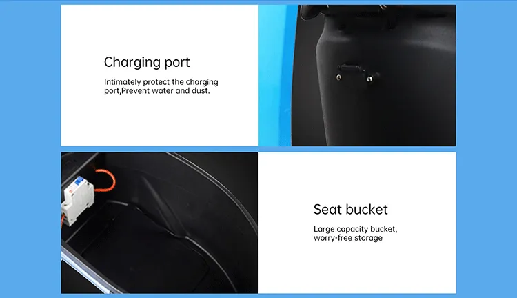 Charging port and seat bucket storage
