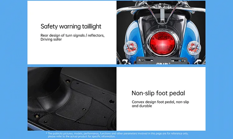 Safety warning light and non-slip pedals