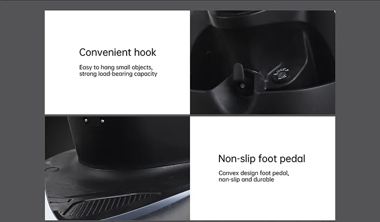 Close up of scooter features like the hook and foot pedal