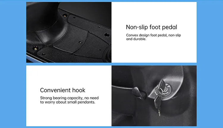 Close up of non-slip foot pedal and carry hook