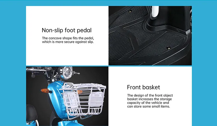 Close up of front basket and non-slip pedals