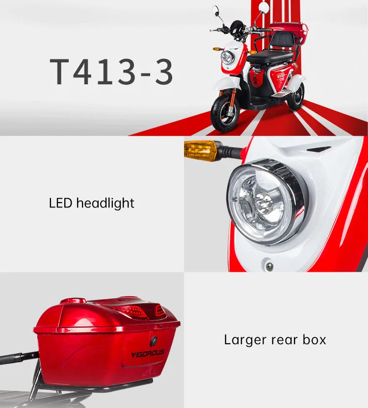 Front view of T413-3 electric tricycle showing LED headlight and seating