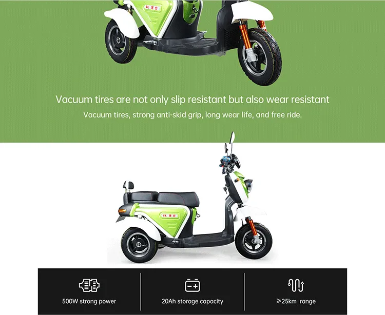 Side profile of T413 electric scooter showing tires and power specs