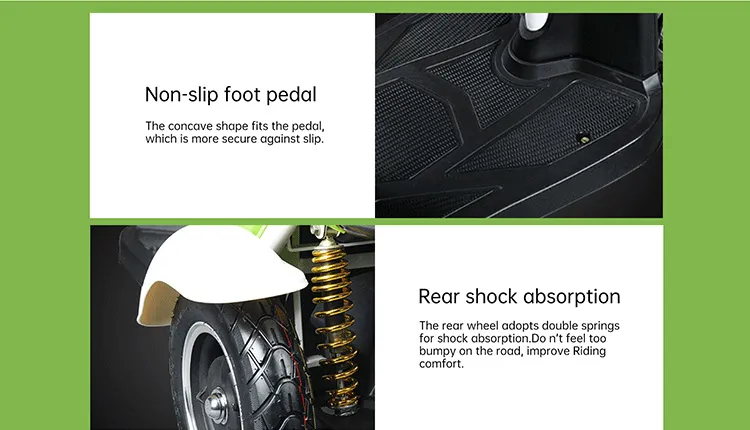Close up of scooter foot pedals and shock absorption system
