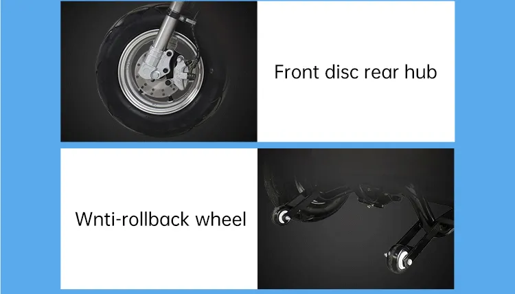 Detail view of braking system and anti-rollback wheels
