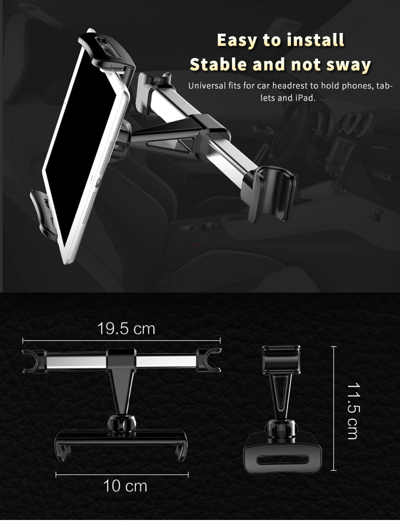 Universal car headrest mount dimensions and base features