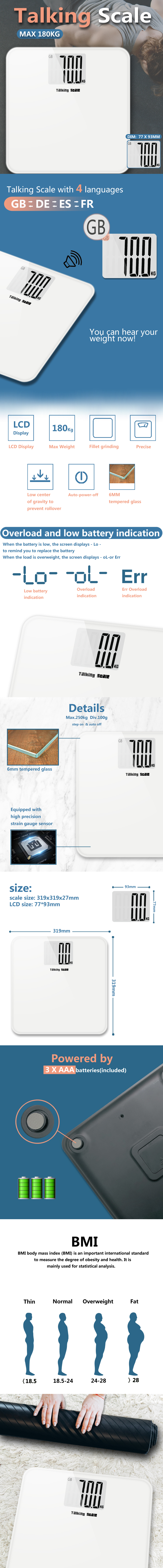 Talking digital body scale with large LCD screen showing weight measurement