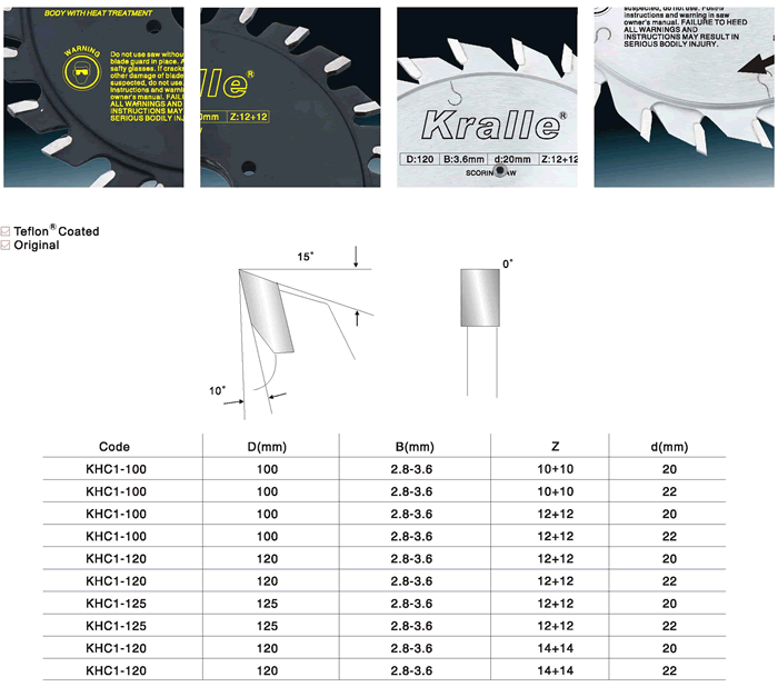 Technical diagram showing T.C.T. adjustable scoring saw blade specifications and dimensions
