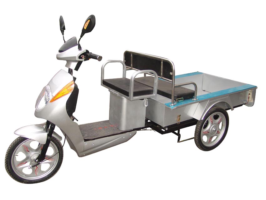 Silver Electric Cargo Tricycle with Rear Cargo Bed