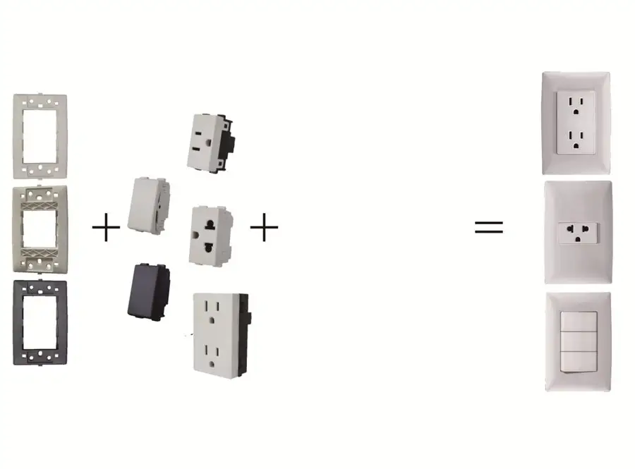Modular electrical component system showing variety of frames and outlets