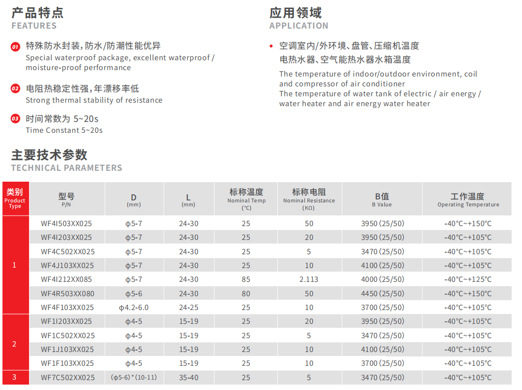 Technical specification diagram for NTC temperature sensors