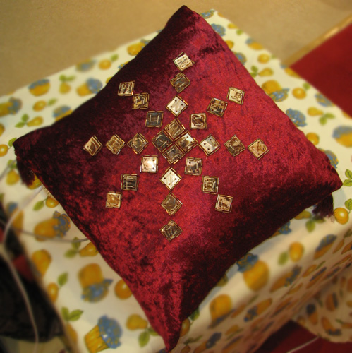 Burgundy Velvet Decorative Pillow with Embellishments