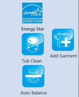 Front loading washing machine showing steam and performance indicators