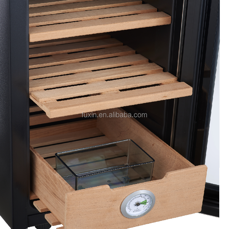 Internal view of wooden shelves and humidifier drawer