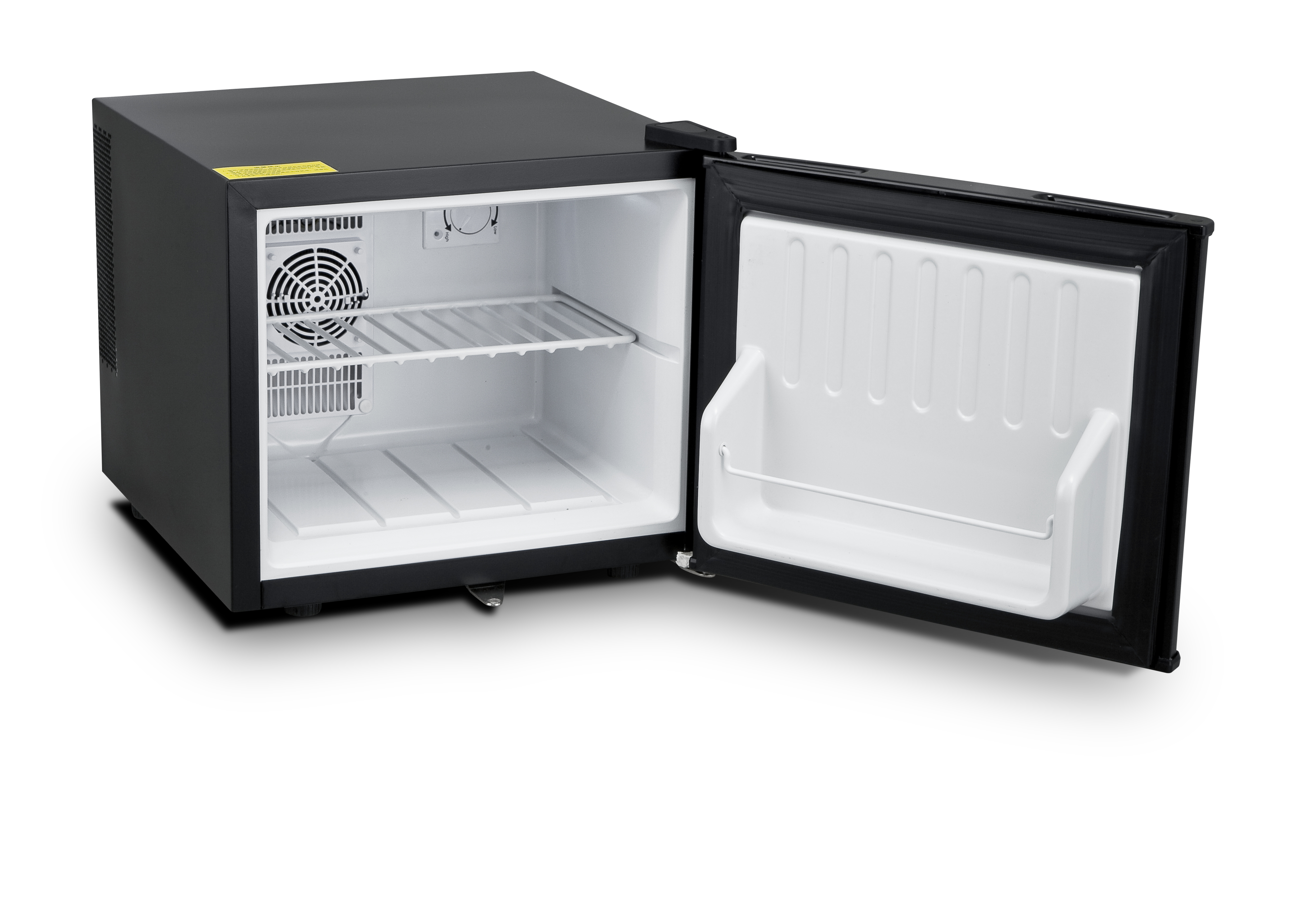 Thermoelectric mini fridge with organized shelving and door rack