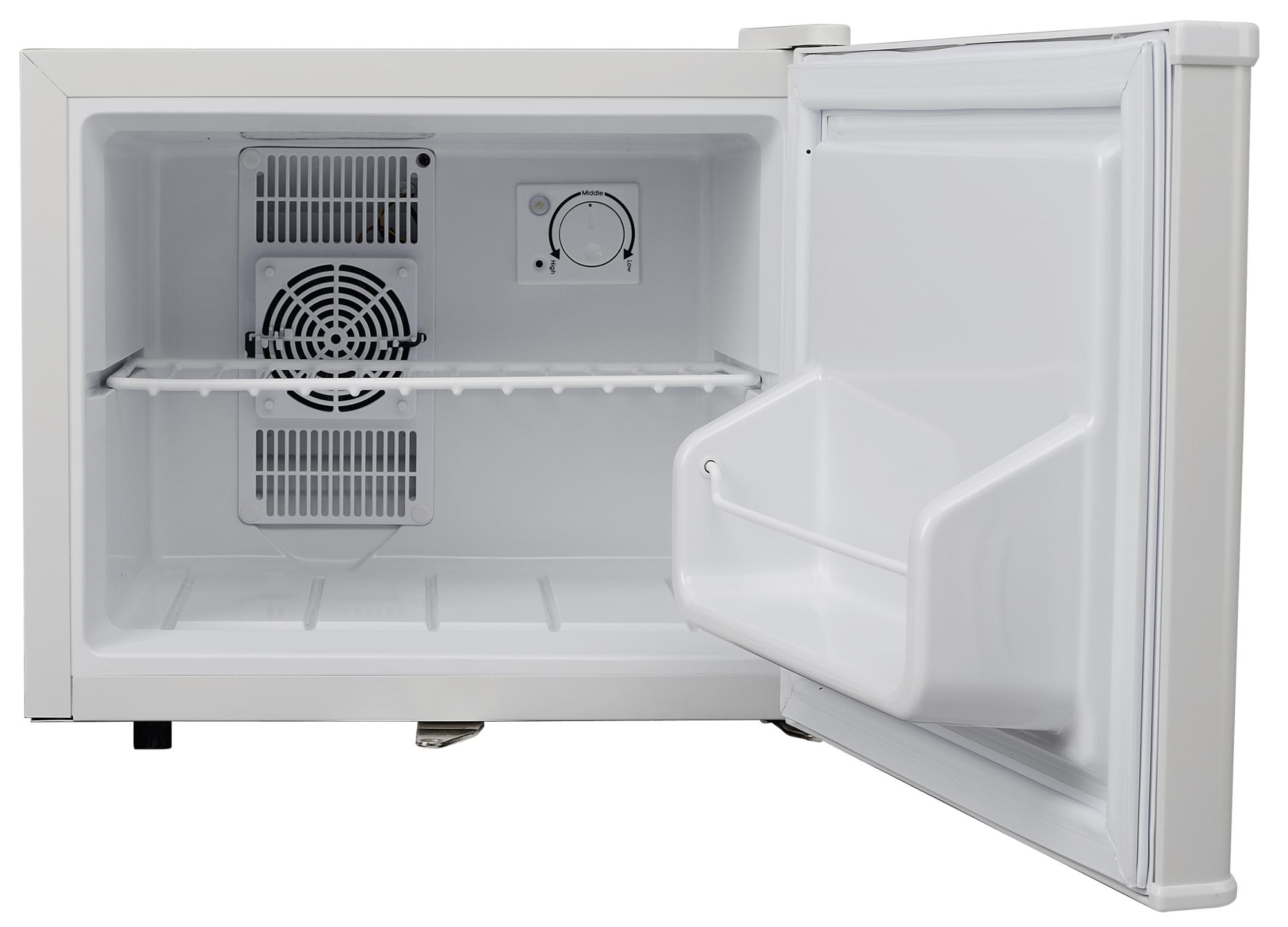 Mini fridge interior showing adjustable temperature settings panel