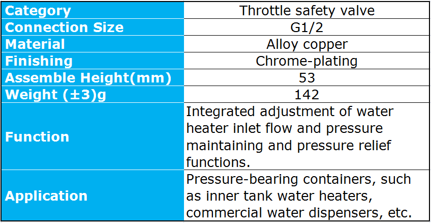 Technical diagram and specifications for the adjustable brass throttle safety valve