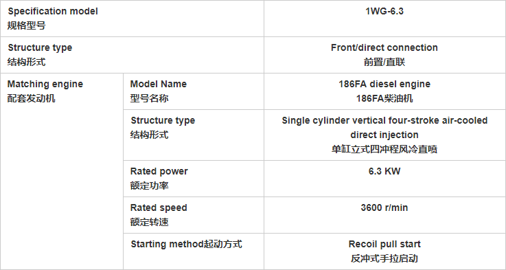Engine specifications diagram for the 186FA diesel tiller