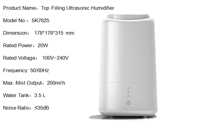 Technical specifications infographic for top filling humidifier