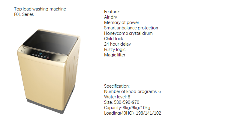 Detailed infographic showing the features and specifications of the F01 Series top load washing machine.