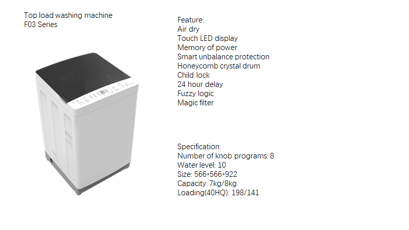 F03 Series Top Loading Washing Machine features and specifications overview