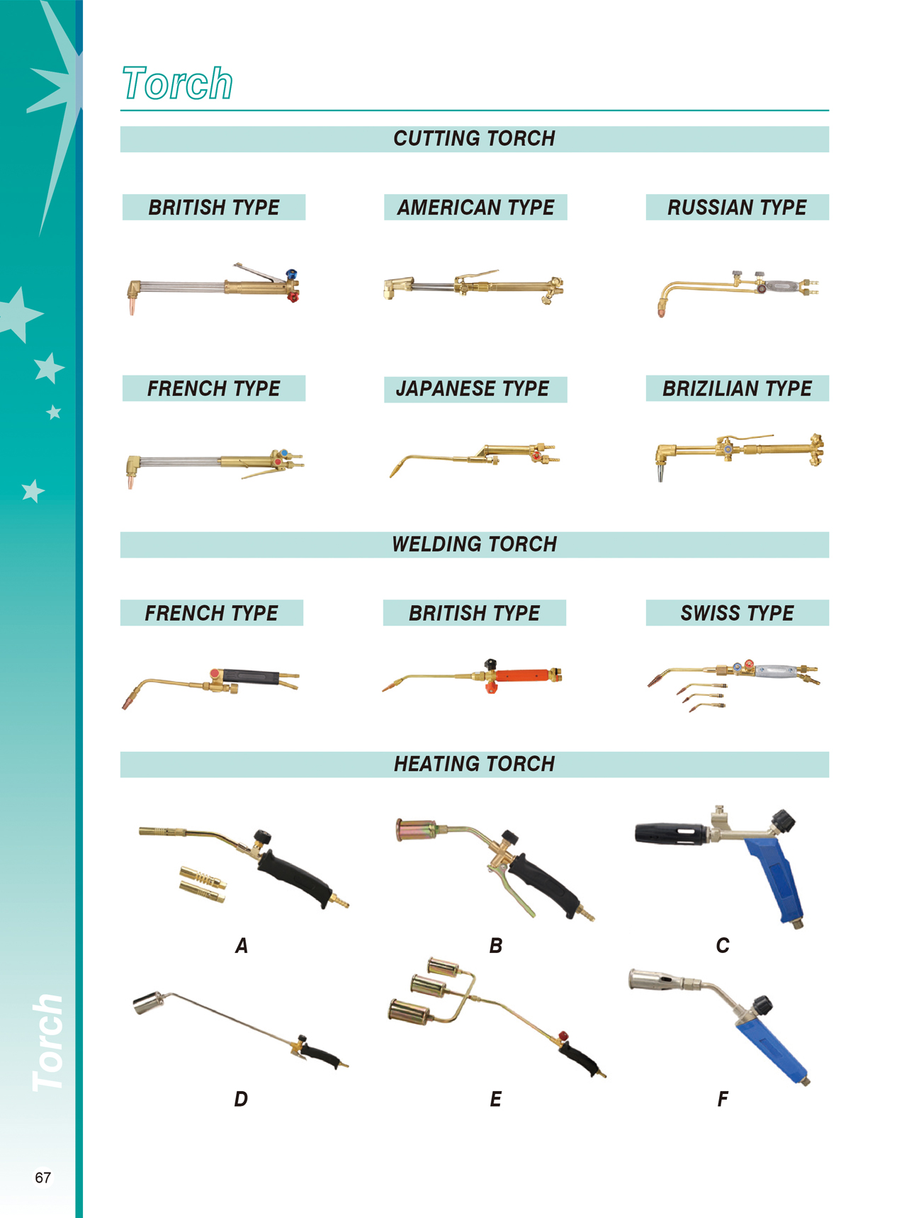 Collection of various industrial torch types including cutting, welding, and heating models.