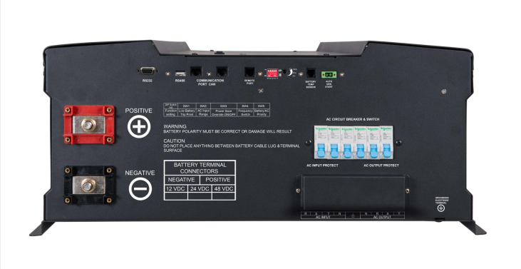 Rear view of inverter showing terminals and communication ports