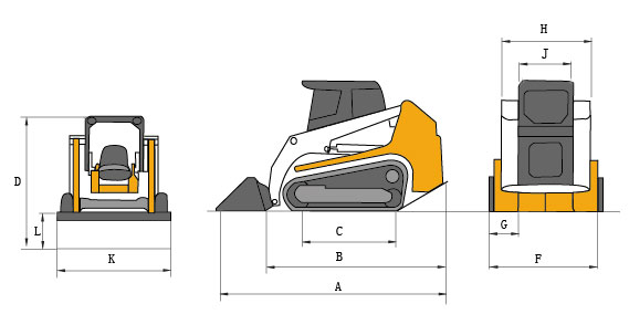 Technical diagram showing dimension parameters for the HT100L track loader.