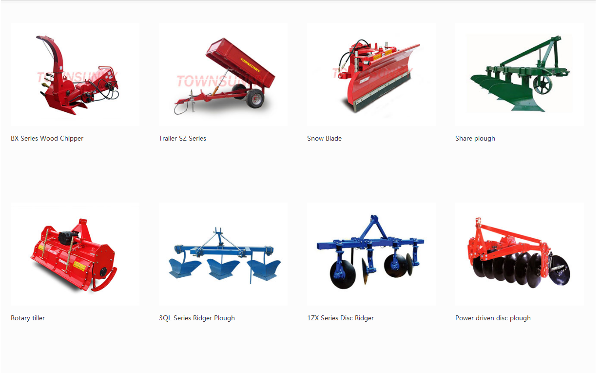 Collection of various tractor implements including wood chipper, trailer, and ploughs