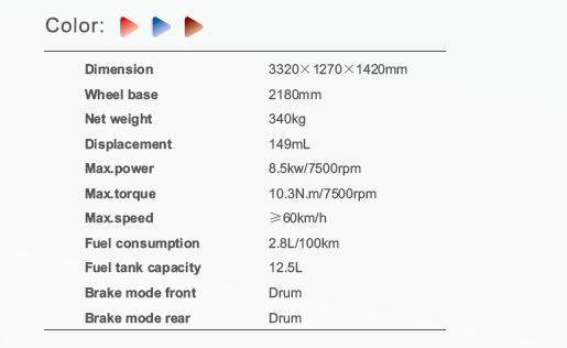 Technical specification chart for the motorized tricycle