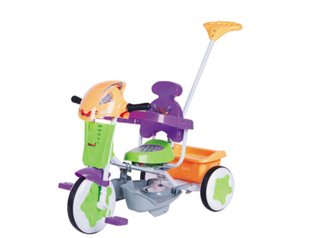 Children's Tricycle with Parent Steering Handle and Storage Basket