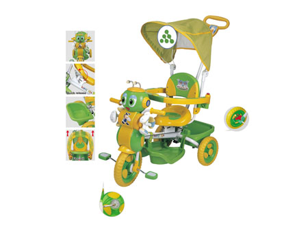 Child's Green and Yellow Robot-Themed Tricycle with Sunshade and Parent Handle