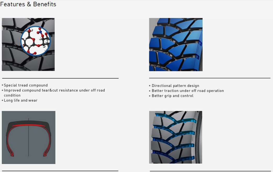 Infographic showing directional tread benefits and special compound resistance