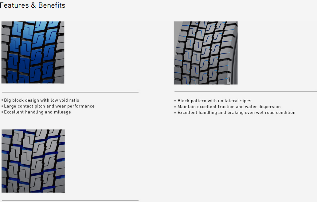 Diagram showing the big block design and unilateral sipes of the tire