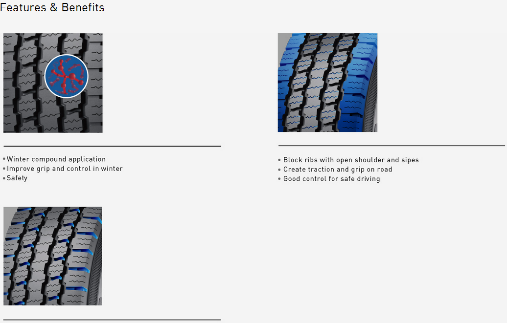 Visual overview of winter compound and block rib tread pattern features.