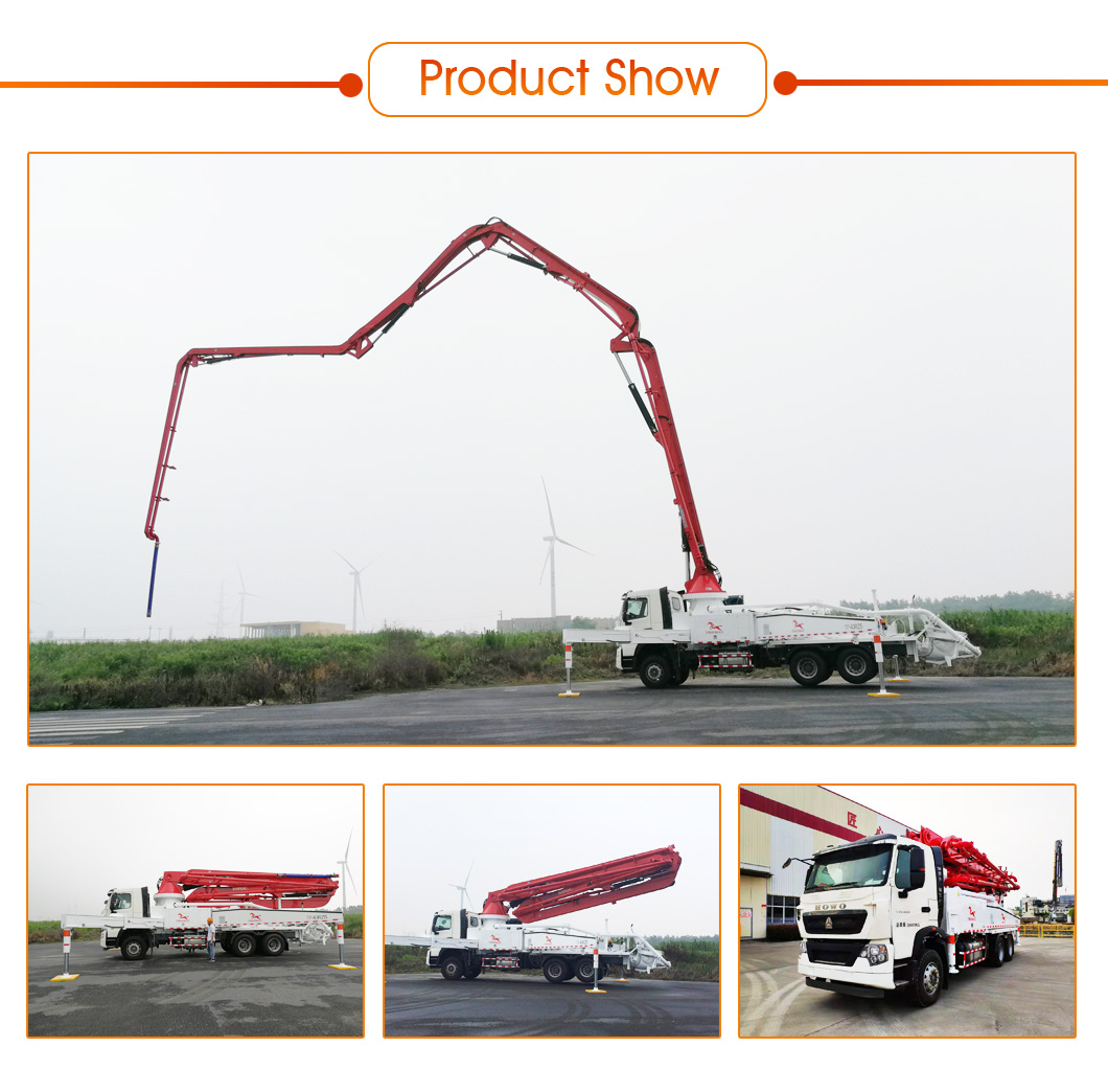 Truck-mounted concrete boom pump on site