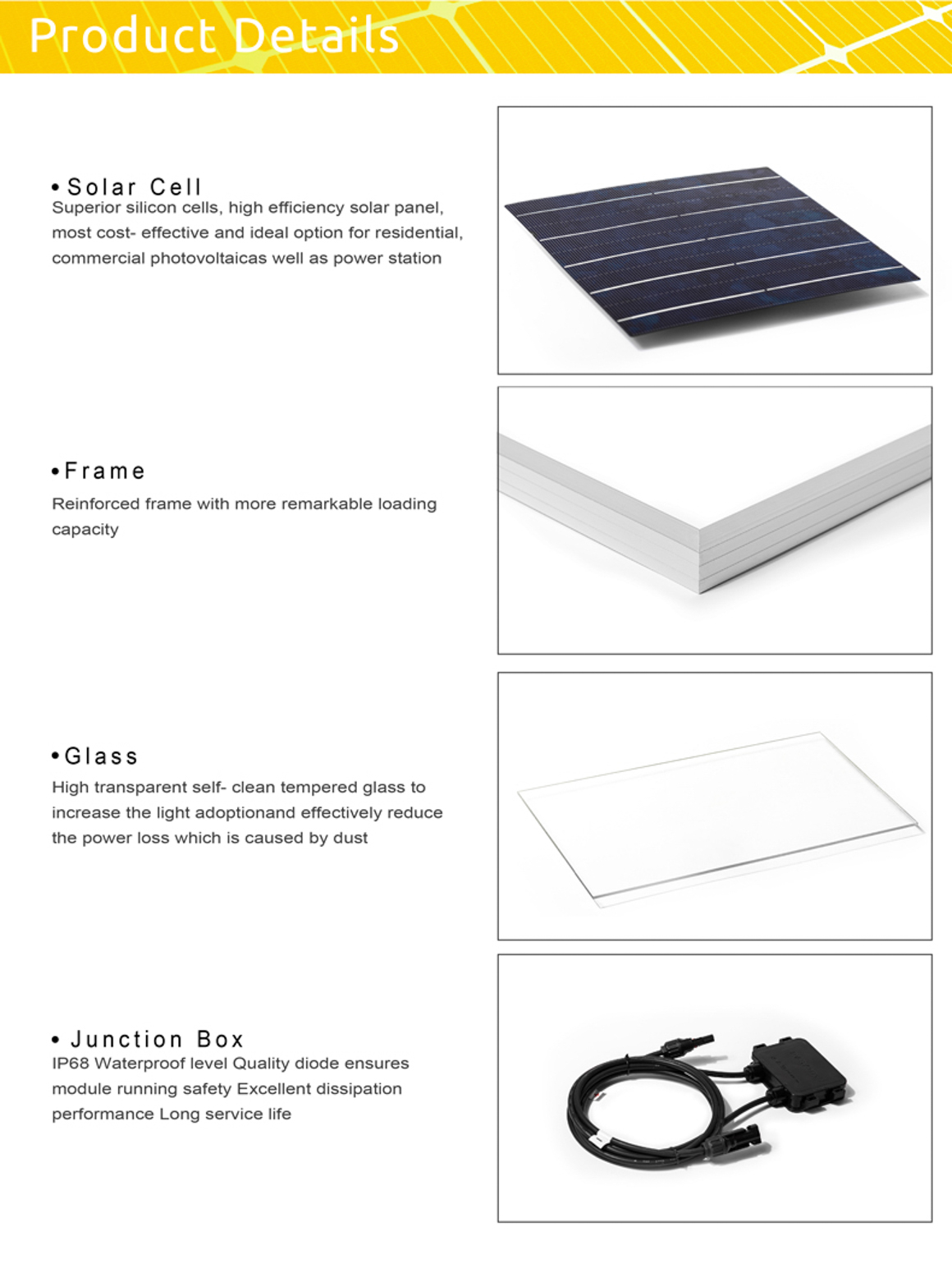 Solar module components including solar cell, frame, glass, and junction box