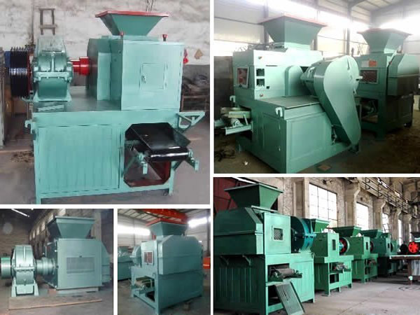 Side profile of the twin-roller briquette machine showing feeding hopper and roller assembly