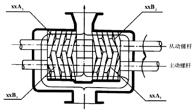 Diagram showing the internal working principle of the twin screw pump