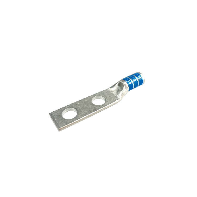 Two-hole copper cable lug terminal with standard barrel and inspection window