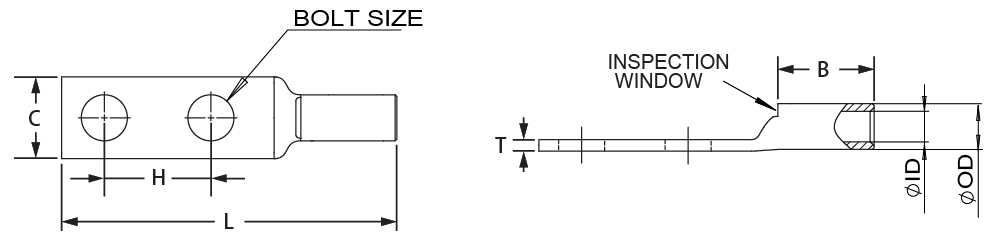 Technical diagram showing dimensions of the copper cable lug