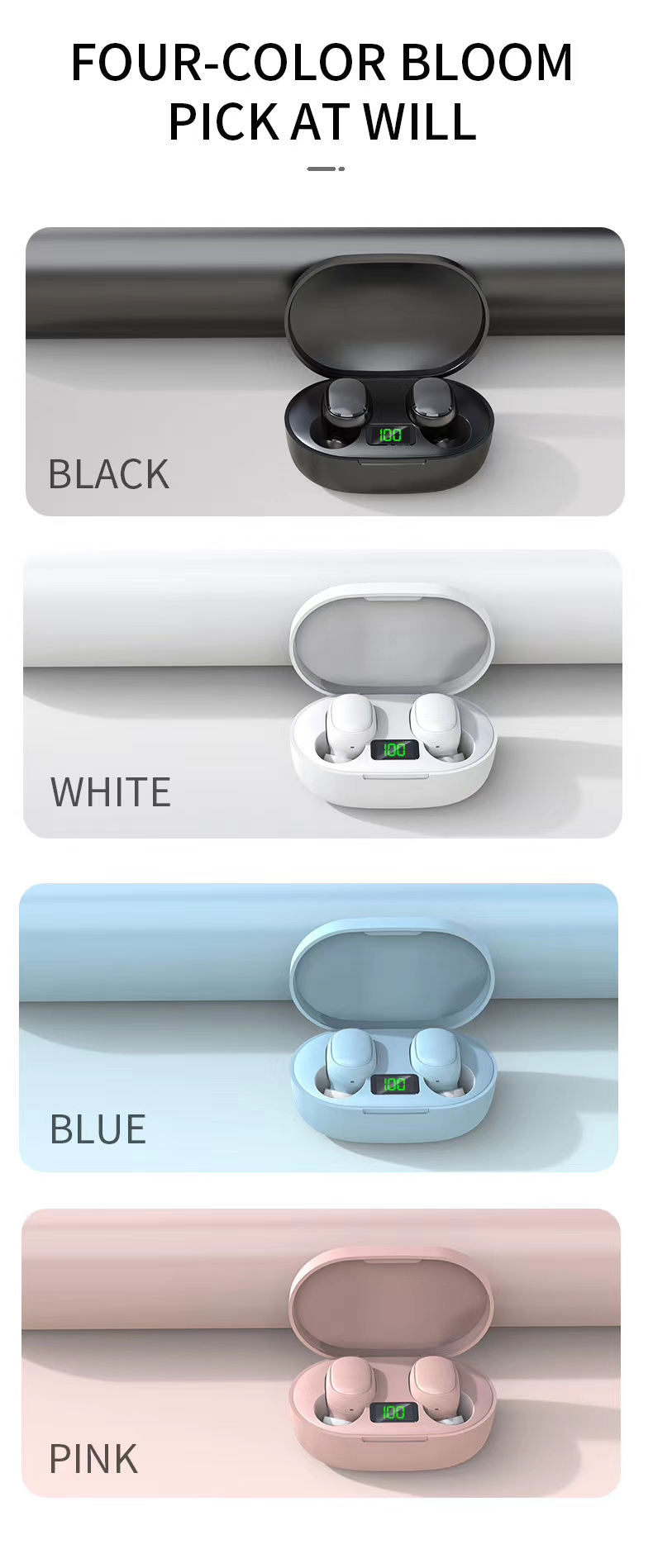 TWS Earphones available in Black, White, Blue, and Pink
