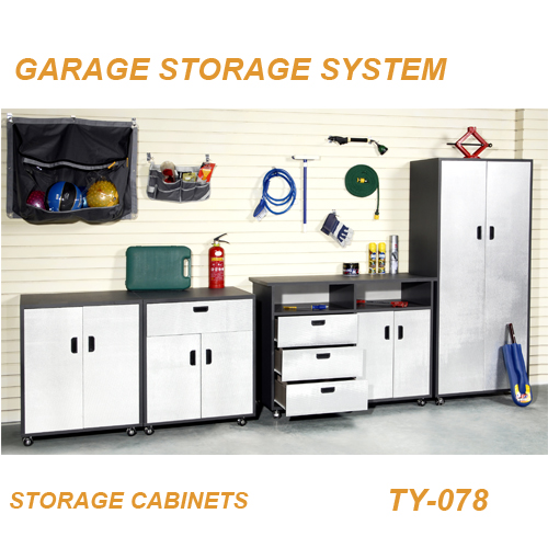 Garage Storage System with Cabinets and Wall Organizers