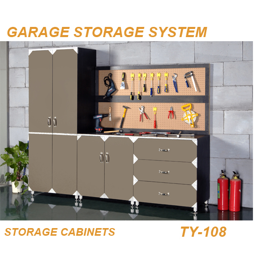 Garage Storage System with Cabinets, Drawers, and Pegboard