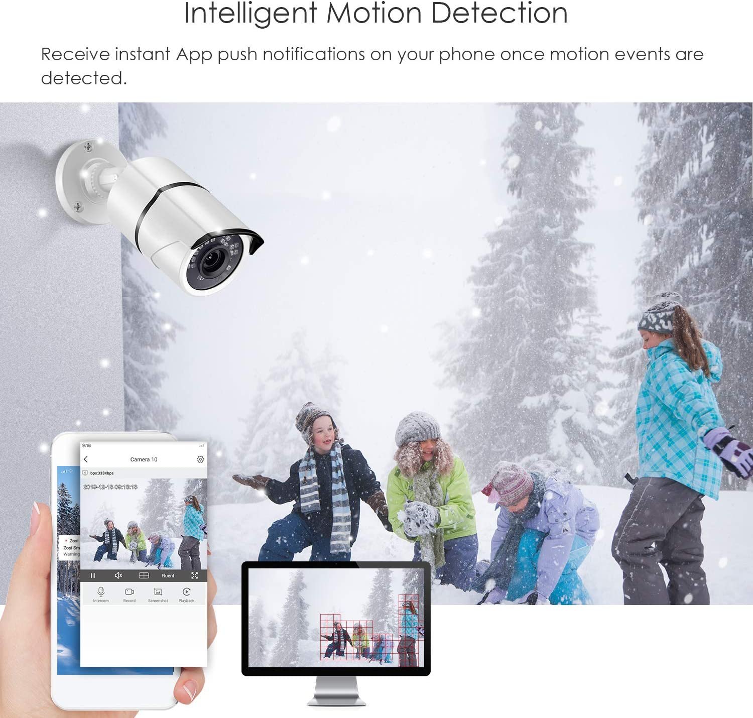Smart motion detection features illustrated on a smartphone and monitor