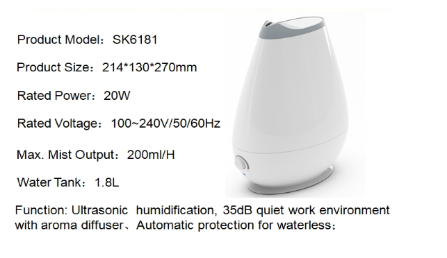Ultrasonic Humidifier SK6181 technical datasheet image