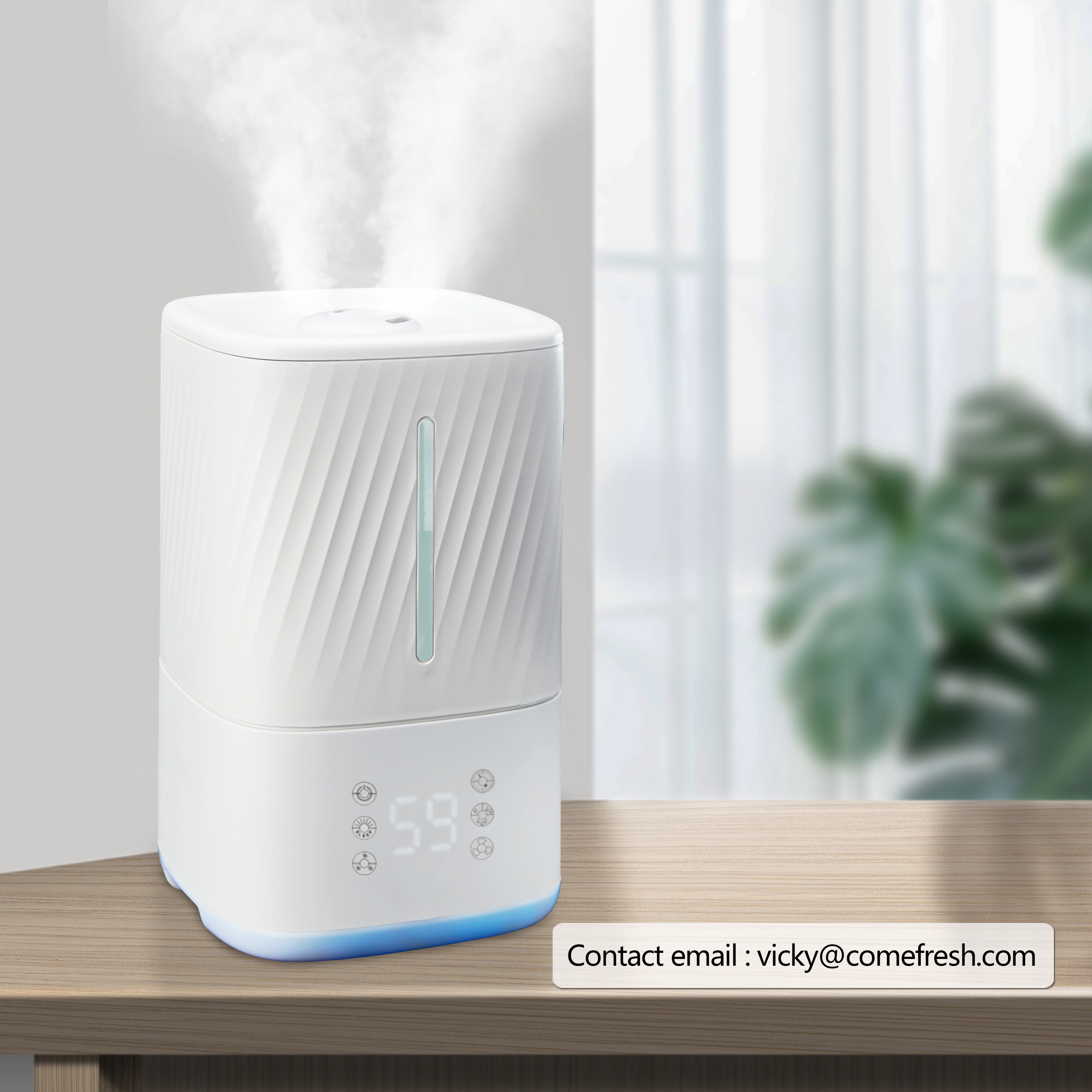 Front view of the ultrasonic humidifier showing digital display