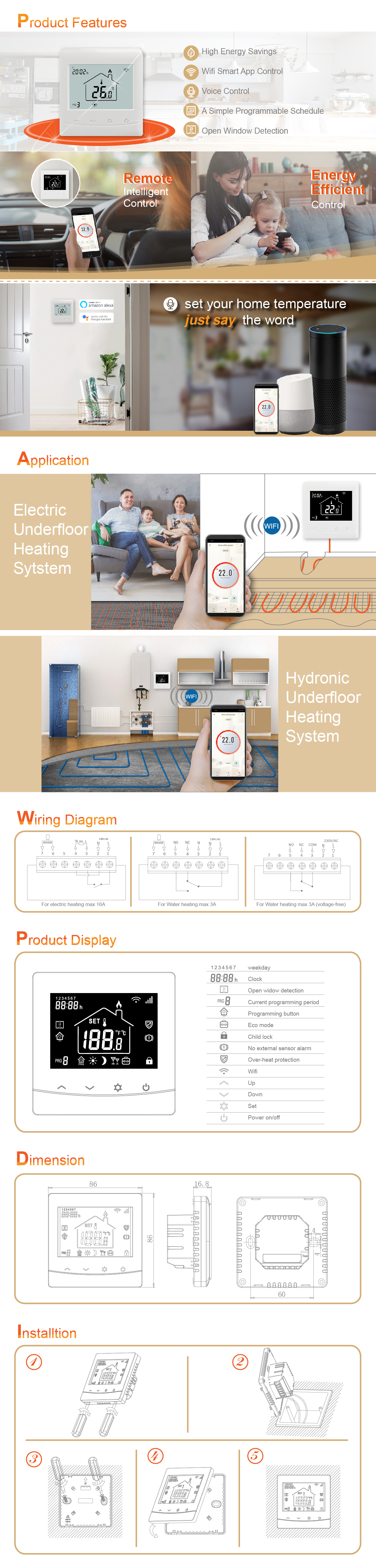 Digital thermostat featuring product display, wiring diagram, and key feature highlights